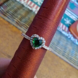 Pandora Silver Ring with Green Heart Gemstone